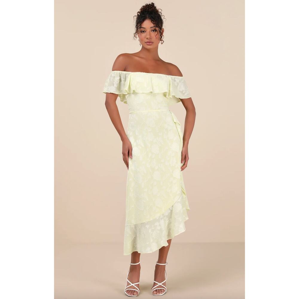 Lulu's Pale Yellow Off-Shoulder Ruffle Midi Dress